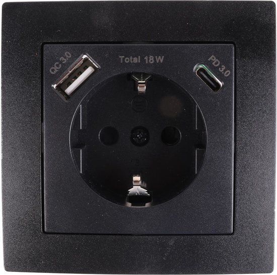 Benson Stopcontact met randaarde en USB A/C - Inbouw - Zwart