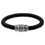 Lucardi - Heren Stainless steel herenarmband gevlochten leer zwart - Armband - Staal - Zilverkleurig - 21 cm