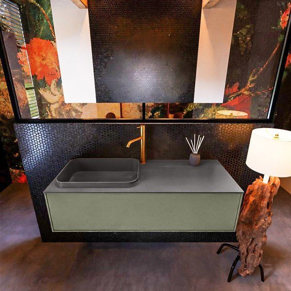 Mondiaz ERIN 120cm badmeubelset Army met 1 lade + Wastafel RIDGE links Dark grey