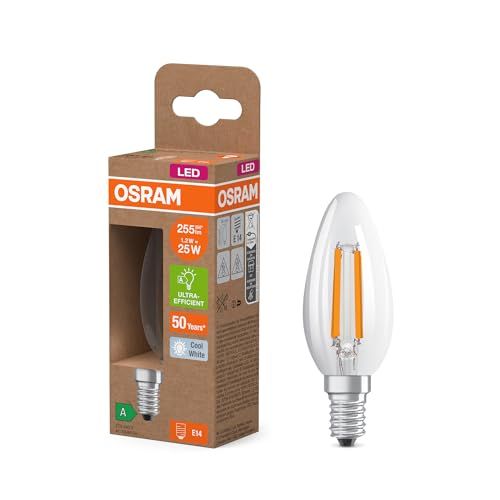 OSRAM LED-lamp in klassieke mini-kaarsvorm, met decoratieve LED-gloeidraad in frosted design, energie-efficiëntieklasse A, E14, 1,2 W, 255 lm, 2700 K, warm wit. Zonder opwarming, 4-pack