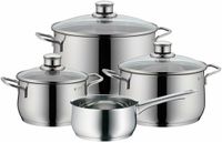 WMF Diadem Plus Kookpannenset, 4-delig, roestvrij staal, geschikt voor inductie, 1 lage kookpan 20 cm, 2 hoge kookpannen 16 cm en 24 cm, 1 steelpan 16 cm met 3 glazen deksels