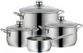 WMF Diadem Plus Kookpannenset, 4-delig, roestvrij staal, geschikt voor inductie, 1 lage kookpan 20 cm, 2 hoge kookpannen 16 cm en 24 cm, 1 steelpan 16 cm met 3 glazen deksels