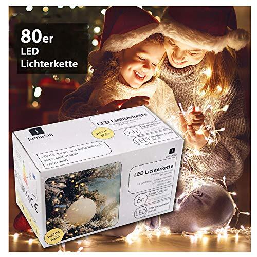 Jamasia 999101 Led-lichtketting met 80 ledlampen, warm wit, met transformator en 8 uur timerfunctie, voor binnen en buiten, groene kabel, lengte 15,90 m, toevoer 8 m, LED-afstand 10 cm, GS-getest