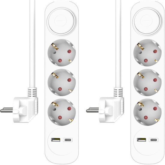 2-Pack ELRO ES303 Power Strip - 3 Outlets, USB, USB-C, Switch - 1.5m Cable