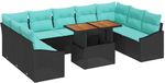 vidaXL Ensemble de bancs de jardin 10 pièces 9 places noir et bleu sarcelle