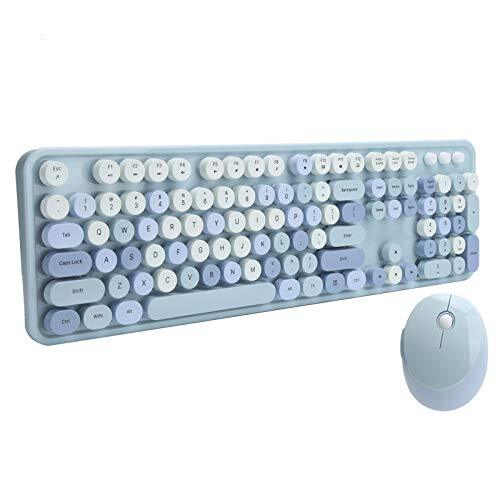 Lairun Draadloos Toetsenbord en Muiscombinatie, 2.4G Stille Schattige Kleurrijke Ergonomische Compacte Toetsenbordmuis, 104 Ronde Retro Typemachine Keycaps-toetsenbord met Numeriek Toetsenblok(Blauw)