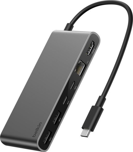 Belkin Connect 8-in-1 USB-C Hub – 4K 60Hz HDMI – 2,5Gb Ethernet – 100W Power Delivery – 10Gbps – Grijs