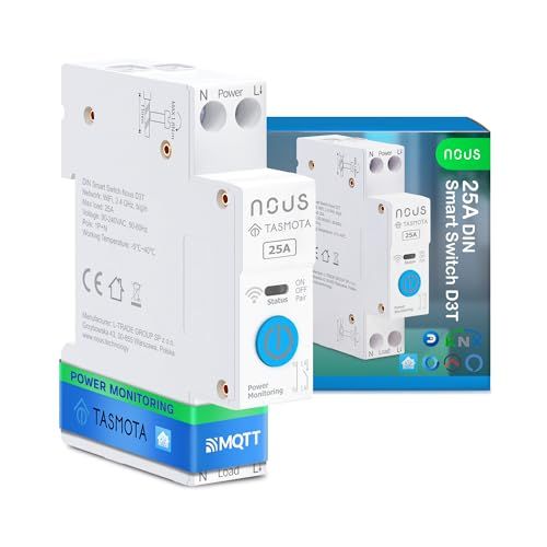 Nous Intelligente DIN-schakelaar 25A met Tasmota (ESP32), energiebewaking, compatibel met MQTT, Home Assistant, Matter, spraakbesturing met Alexa, Google Assistant