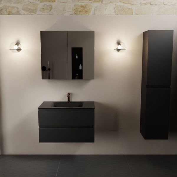Mondiaz Aivy badmeubelset - 80x45x50cm - 1 kraangat - 1 wasbak urban Solid surface - Midden - 2 lades - Met spiegelkast - MDF Urban AIVY80345