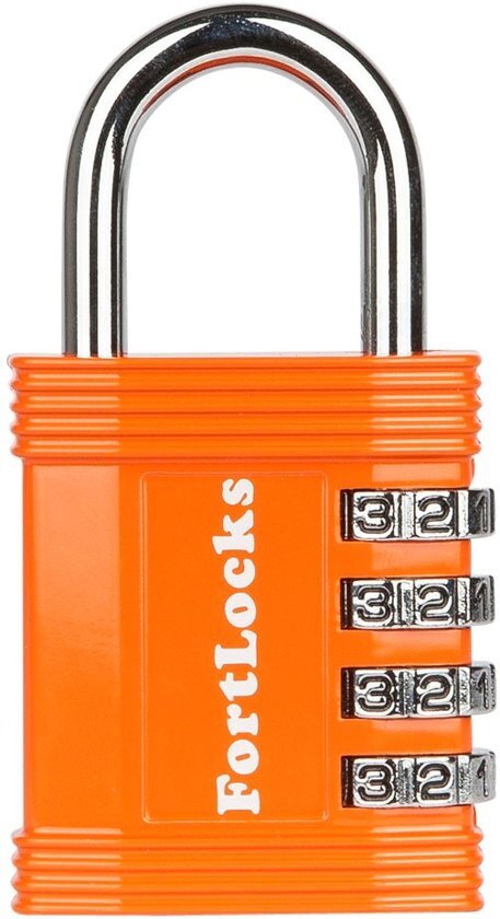 FortLocks Cijferslot 4 Cijferig - Sterk Hangslot Met Cijfer Sluiting - Combinatie Code Padlock - Weerbestendig Buiten Slot - Fiets - Orange - 1 Stuk