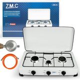 ZMC gasfornuis met 3 pitten, kampeerfornuis met slang en regelaar, voor propaangas LPG, 2x 2,2 kW + 1x 1,0 kW brander, fornuis met drie pitten voor buitenkamperen, 2-traps vlam, verbruik 393 g/u
