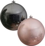 Decoris Kaemingk B.V. 2x stuks grote kerstballen van 20 cm glans van kunststof roze en zilver