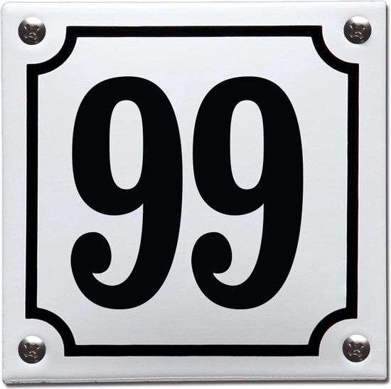 EmailleDesign® Emaille huisnummer wit/zwart nr. 99 - 10x10 cm