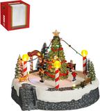 Luville Village de Noël Scène de sapin de Noël avec patinoire - Décoration de Noël avec figurines mobiles et éclairage LED - Guirlande à piles - Guirlandes de Noël d'intérieur - 22 x 22 x 18,5 cm - Blanc