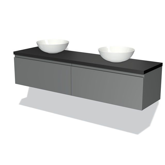 Maxaro Badkamermeubel Modulo Plato 180cm Middengrijs 2 Lades Greeploos Mat Zwart Blad