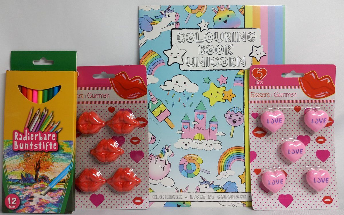 Natur Unicorn Kleur Set - Kleurboek Unicorn + Hartjes Gummen + Lippen Gummen + Kleurpotloden 12 Stuks - Vakantie - Kado Tip !!