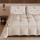 PETTI Artigiani Italiani Winterdekbed voor tweepersoonsbed, dubbelzijdig, effen en digitale print, beige strik, gemaakt in Italië