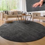 Paco Home Vloerkleed voor de woonkamer, effen, wasbaar, korte en zachte pool - rond: 200 cm, antraciet