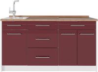 Vicco Keukenblok Fame-Line, Bordeauxrode hoogglans/Wit, 150 cm goudkleurig eiken werkblad