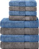 Komfortec Handdoekenset – Set van 8 - 4x Handdoek 50x100 cm en 4x Badhanddoek 70x140 cm - 100% Katoen - Antraciet & Lichtblauw