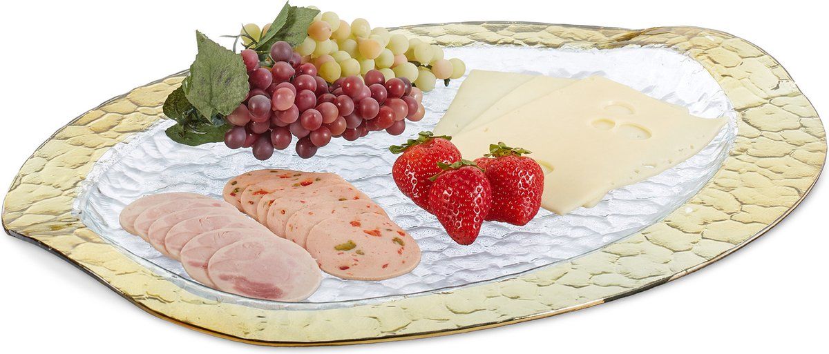 Relaxdays serveerbord glas - voor hapjes - ovale serveerschaal plat - presenteerbord goud