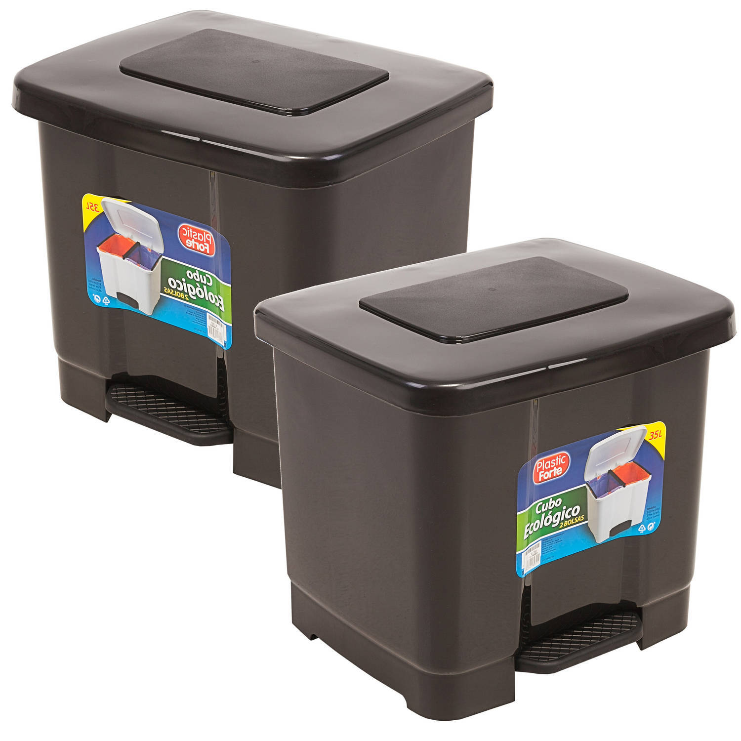 Forte Plastics 2x stuks dubbele afvalemmer/vuilnisemmer 35 liter met deksel en pedaal - Donkergrijs- vuilnisbakken/prullenbakken - Kantoor/keuken