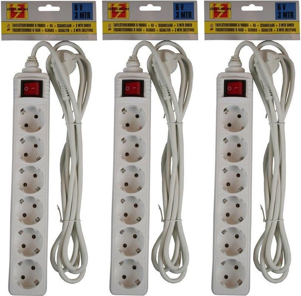 Ben Tools 3x Stekkerdozen 6-voudig wit - 3 meter - Met randaarde en schakelaar