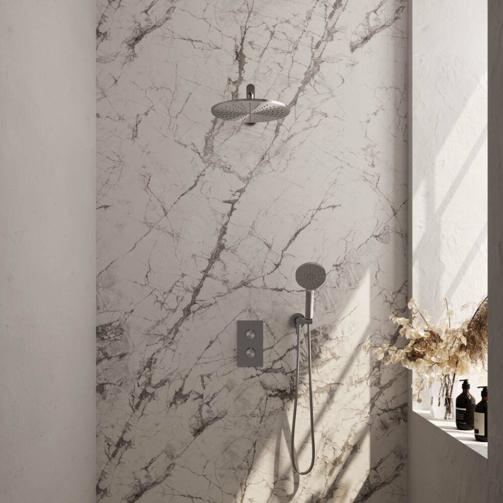 Brauer Brushed Carving thermostatische inbouw regendoucheset met 2-weg omstel 40cm rechte wandarm met 30cm ronde hoofddouche 3 standen ronde handdouche 150cm gladde doucheslang met aansluitbocht en handdouchehouder RVS geborsteld PVD 5-NG-128