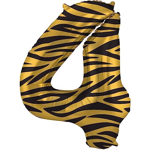 Folat 64164 Luchtballon verjaardag cijfer 4 Tiger Chic Leeuw Bruin Zwart 86 cm Helium Decoratie Verjaardagsdecoratie, Ballon Number, Kleurrijk