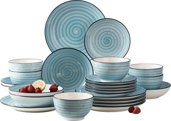 LBB Luxe Serviesset - 32-delig - 6 persoons - Blauw - Porselein - Vaatwasser- en magnetronbestendig