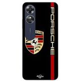 Porsche Etui Oppo A17 PORSCHE logo rood en goud zwarte achtergrond Maniacase