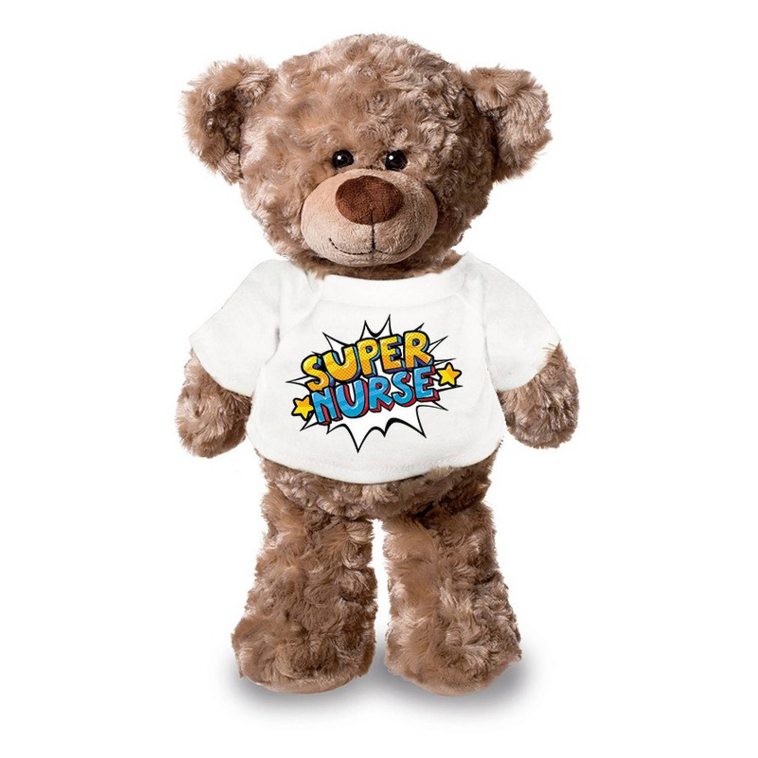 Bellatio Decorations Super nurse/ zuster pluche teddybeer knuffel 24 cm met wit pop art t-shirt - super nurse / cadeau knuffelbeer