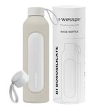 Wessper Glazen drinkfles 1 liter, Motivatie fles met hydratatie schaal, Borosilicaat glazen flessen met siliconen hoes, BPA-vrij veilig materiaal - Ecru