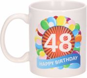 Bellatio Decorations Shoppartners Bv 48 jaar Verjaardag koffiemok - cadeau beker - feestelijke ballonnen print - 300 ml - keramiek - wit