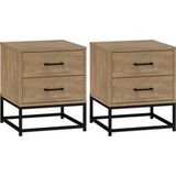 Paire de tables de chevet industrielles en bois et acier avec 2 tiroirs, couleur chêne