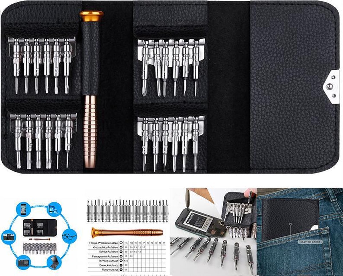 AA Commerce Precisie Pentalobe Torx Schroevendraaierset - Schroevendraaier Bitset T2 T3 T4 T5 T6 T7 T8 T10 T15 - Horloge & Smartphone Laptop Apple Macbook iPhone Screwdriver Gereedschap Set - 25-Delig