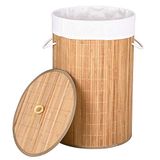 Bakaji Vuile wasmand van bamboehout en stof, inklapbaar, ruimtebesparend, met deksel en handgrepen, inhoud 70 l, afmetingen 38 x 60 cm, naturel