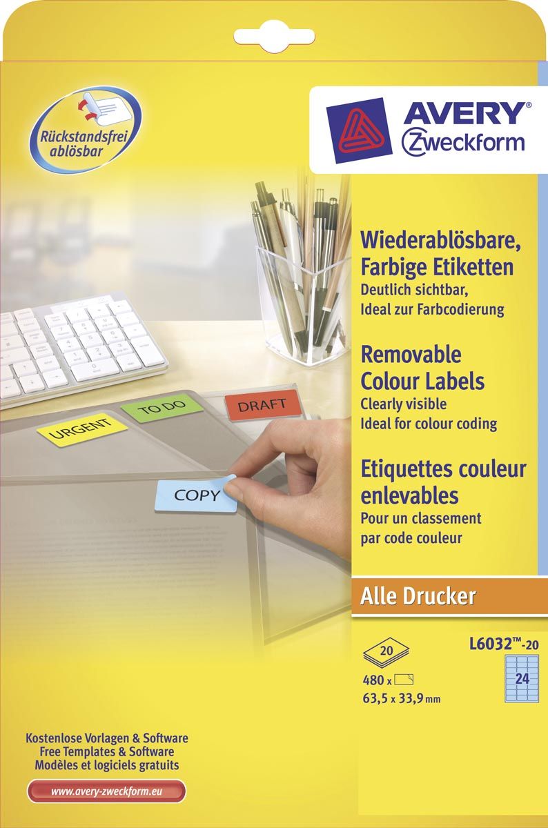 Avery Afneembare Gekleurde Etiketten - 63.5 x 33.9 mm - Blauw - 480 Stuks