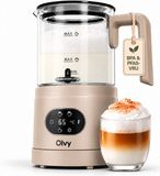 Olvy Melkopschuimer Glas - Elektrische Melkopschuimer 500W - 4-in-1 - Warm & Koud Schuim - 160 ml Melkschuim - 400 ml Warme Melk - Temperatuurdisplay - BPA & PFAS Vrij - Beige
