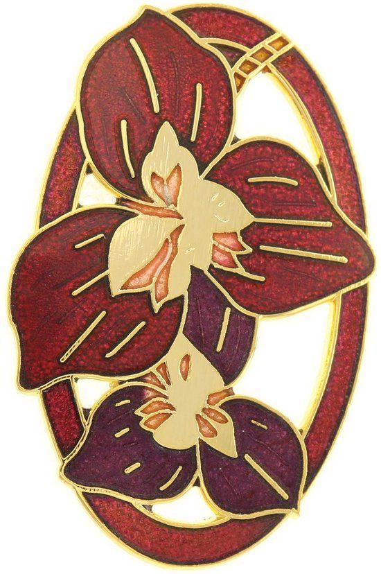 Behave Broche bloemen lelies rood paars - emaille sjaalspeld - 4.5 cm