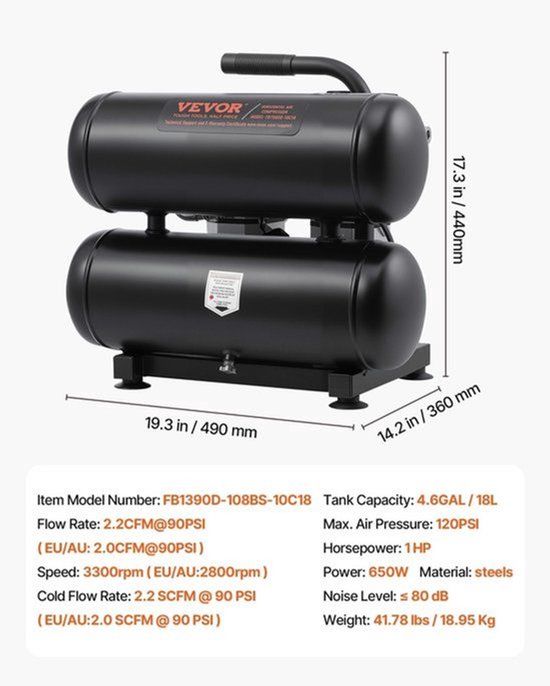 Merkloos Luchtcompressor - Bandenpomp - Olievrij - 4.6 Gallon Tank - 650W Motor - Stil 80 dB