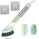 Famanu – Brosse de nettoyage pour la maison, brosse à vaisselle avec 3 têtes de rechange différentes, brosse d'évier de cuisine avec distributeur de détergent (vert)