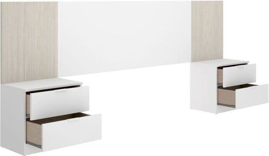 DEKIT GRUPO RIMOBEL Hoofdbordset + 2 nachtkastjes met 2 lades - LOMA - Wit/Hout - 258,6 x 34,2 x 106 cm