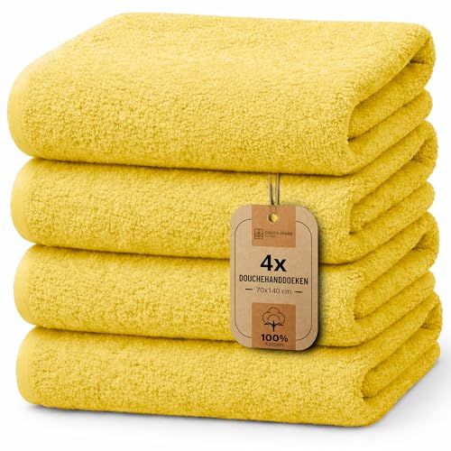 NatureMark Set van 4 douchehanddoeken – zachte en absorberende douchehanddoeken van 100% katoen, geschikt voor dagelijks gebruik – Geel, 70x140 cm
