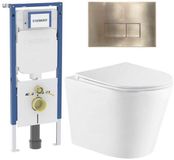 Geberit QeramiQ Dely Toiletset - 36.3x51.7cm - diepspoel - rimless - Geberit UP720 inbouwreservoir - softclose toiletzitting - geborsteld messing bedieningsplaat - rechtehoekige knoppen - mat wit