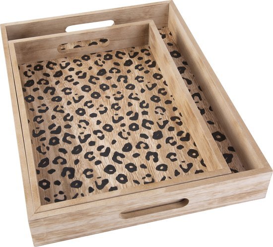 Cosy &amp; Trendy Dienblad Leopard - Set van 2 - Natuur hout - 40x30x5cm