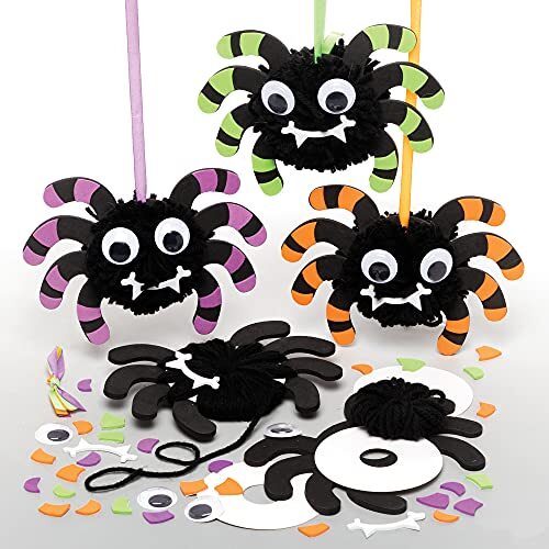 Baker Ross FE674 Spider Pom Pom Kits - set van 3, ontwerp je eigen Halloween decoraties, Pom Pom knutselwerkjes voor kinderen om te maken, te versieren en te laten zien