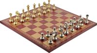 Italfama Luxe schaakset: Staunton-figuren van massief messing, 7,3 cm hoog, met een schaakbord van 45x45 cm, bekleed met goud- en bordeauxrood eco-cuir