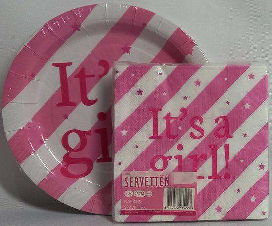Babyshower Party Set - Roze Streep - Meisje - Bordjes & Servetten