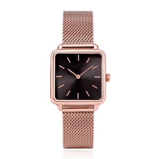 LGT JWLS Dameshorloge 'Square' - Rose Goudkleurige Meshband, Zwart Uurwerk, Rose Goudkleurige Kast